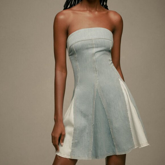 Anthropology Pilcro Strapless Denim Patchwork Dress Romantic Seamed Cotton Rodeo - Picture 1 of 9